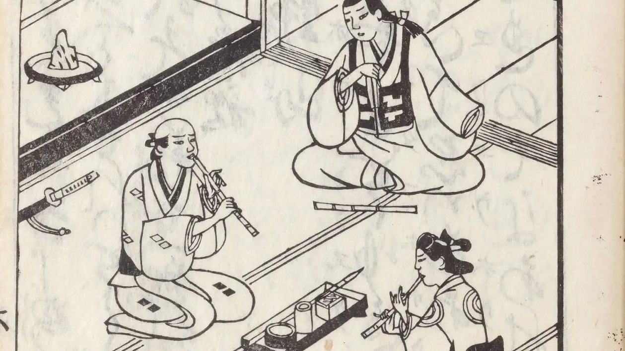 Woodblock illustration of a shakuhachi player and a young noble seated together on tatami, with a sword laid nearby